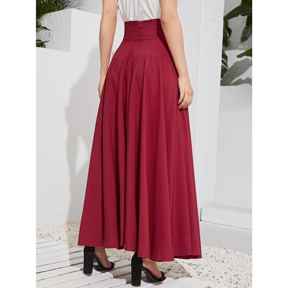 🌟High Waist Zip Back Knotted Swing maxi Skirt burgundy red maroon - Picture 2 of 12